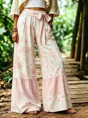Assorted Sizes-Boho Floral and gingham patchwork Tiered Wide-Leg Pants-NWT